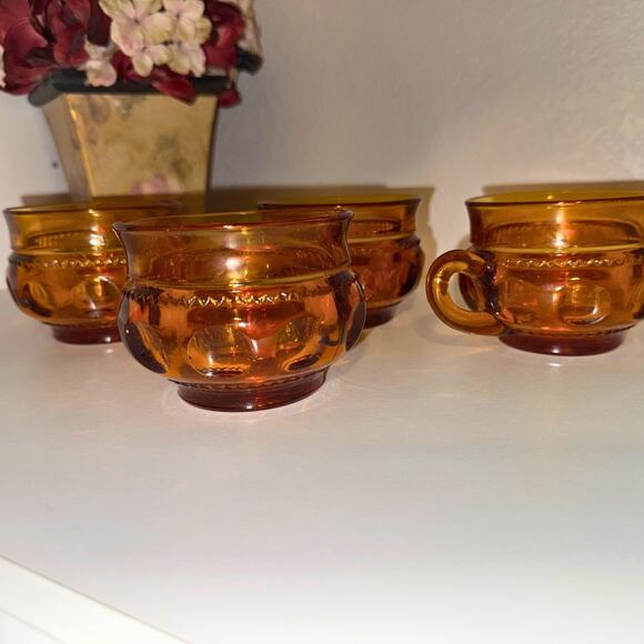 Vintage Amber Glass Thumbprint Cups | Set of 4 | Warm Fall Midcentury MCM - Picture 5 of 11